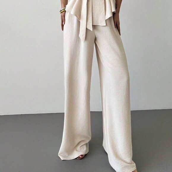 Apricot Elegant Women's Surplice Sleeveless Belted Blouse & Wide leg Pant Set - Picture 7 of 7